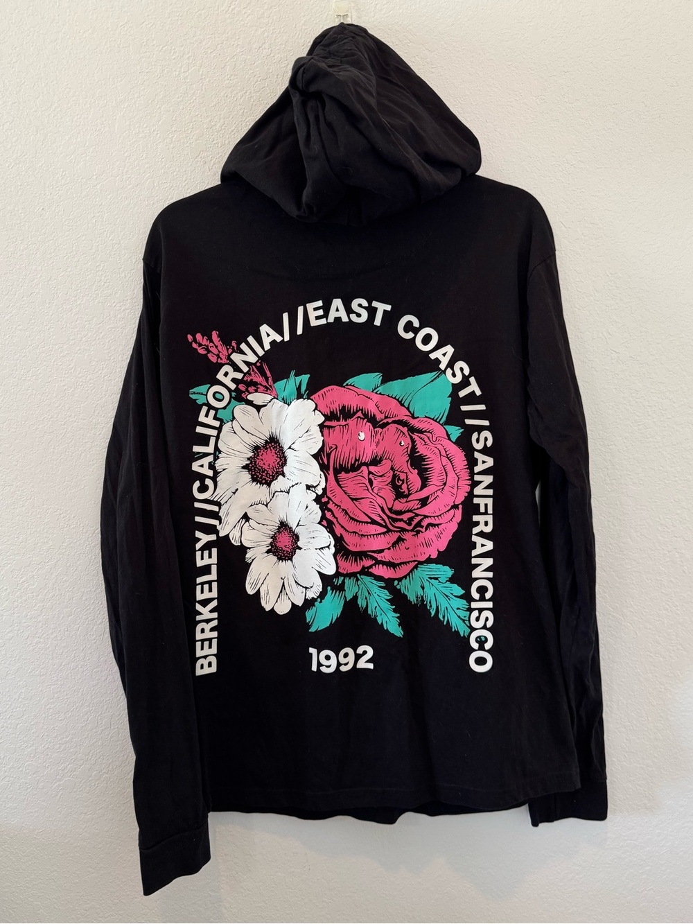 Denim & Flower Black Hoodie with Teal Trim and Floral Label